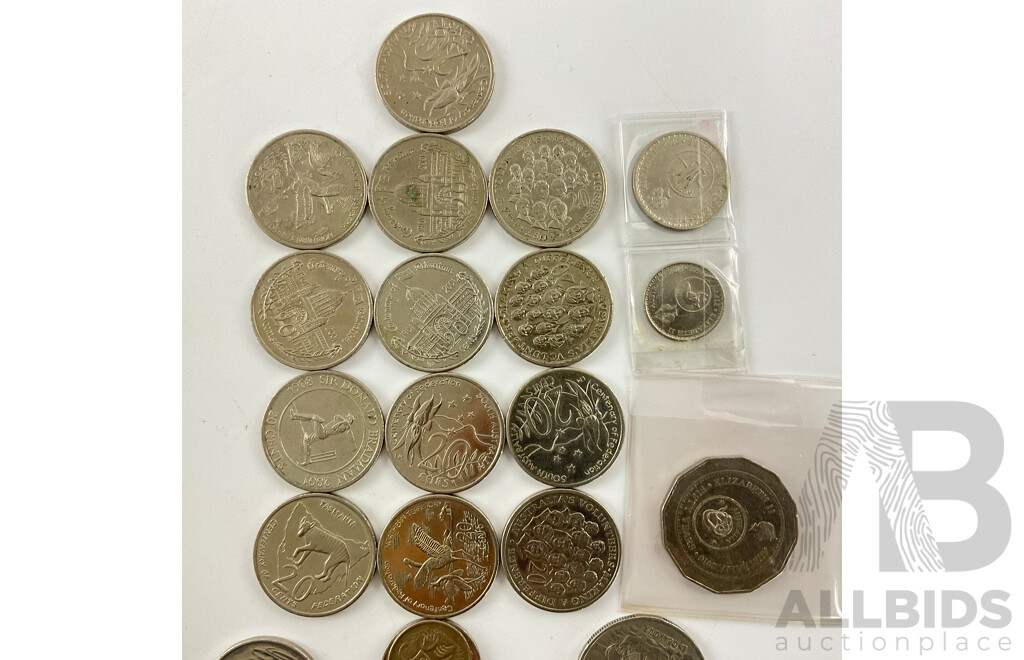 Thirteen Australian Commemorative Twenty Cent Coins Including 2003 Volunteers, 2001 Federation with 2016 Fifty Years of Decimal Currency Fift, Ten and Five Cent with Various Five Ten and Twenty Cents