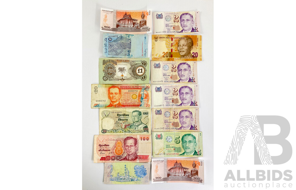 Collection of International Bank Notes Including South Africa, Singapore, Biafra, Philippines, Cambodia