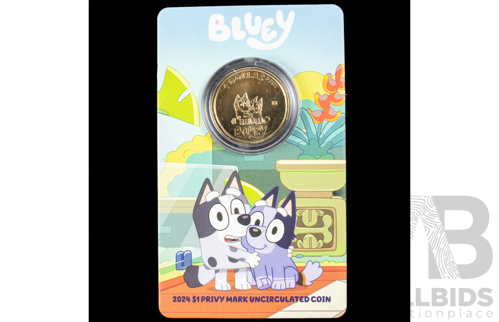 Australian RAM 2024 One Dollar Coin, Bluey Dollar Buck, Privy Mark