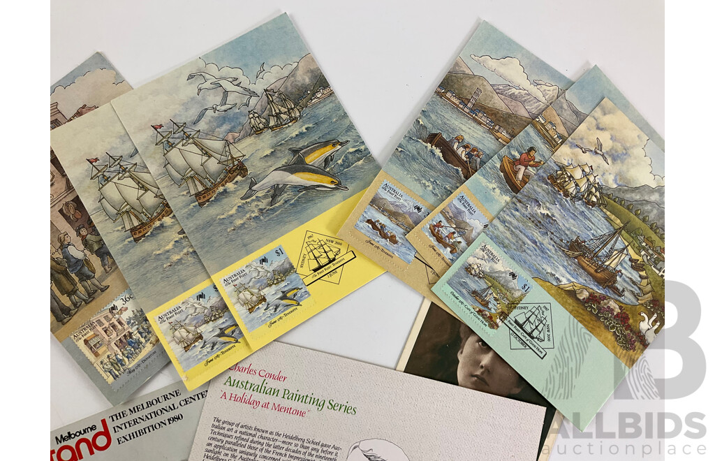 Australian 1987 First Fleet Post Cards, Painting Series Five Dollar Mint Stamp, AUSIPEX 1984 Japan Stand Post Cards