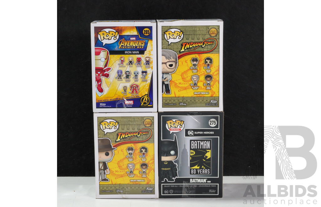 Funko Pops! Figures Including Batman, Iron Man, Indiana Jones