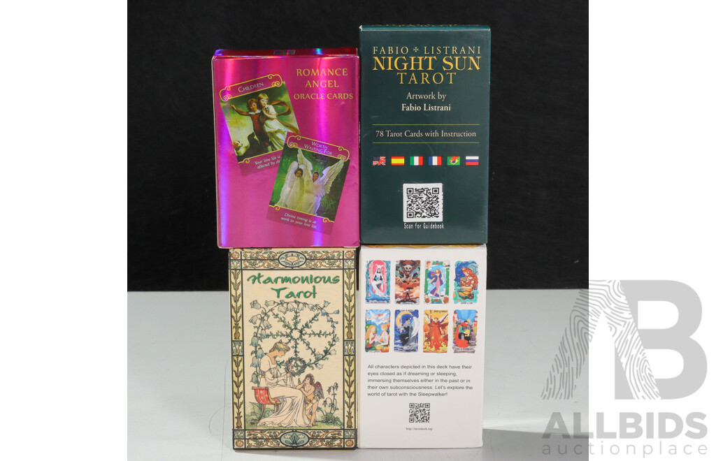 Four Boxed Tarot Card Sets Including Sleepwalker's, Fabio Listrani Night Sun, Romance Angel, Harmonious