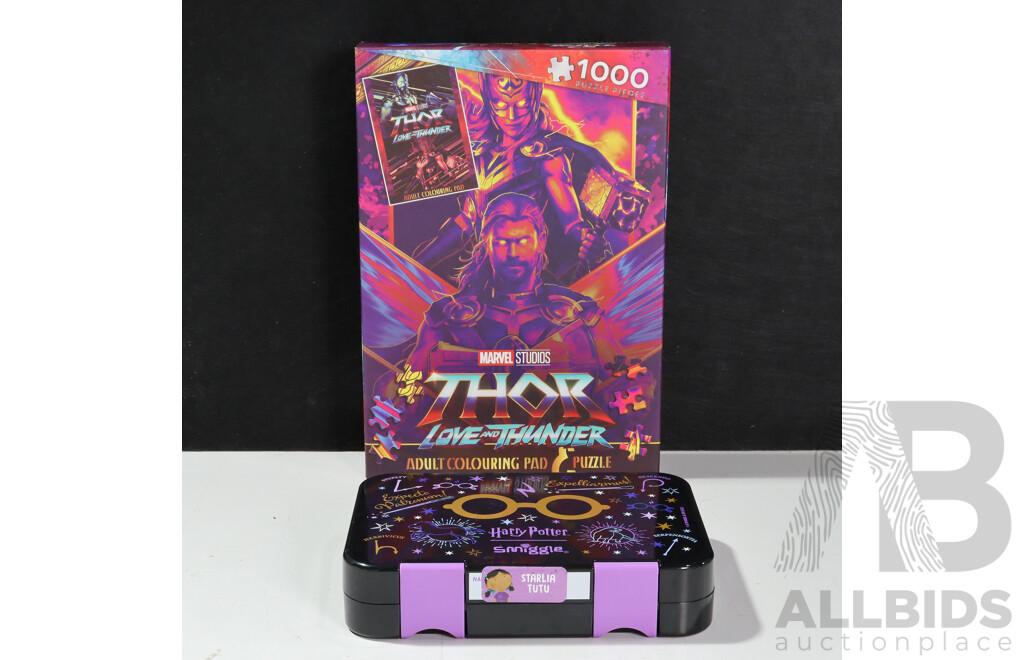 Marvel Studios Thor Love and Thunder Adult Colouring Pad and 1000 Piece Puzzle with Smiggle Harry Potter Stationary Box