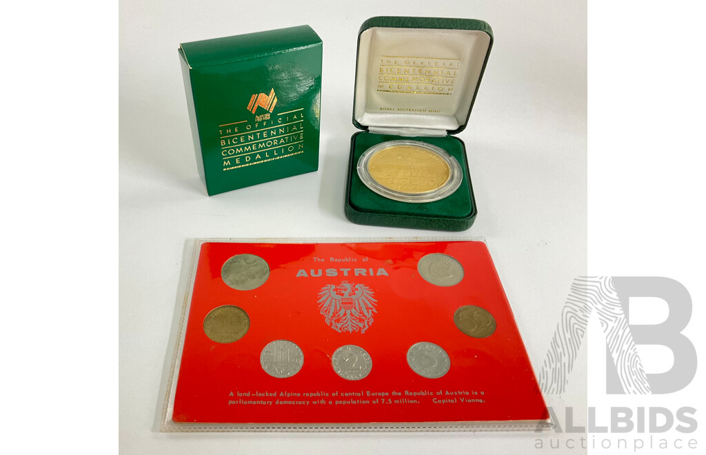Australian RAM 1988 Bicentennial Commemorative Medallion and Austrian 1980's UNC Coin Set