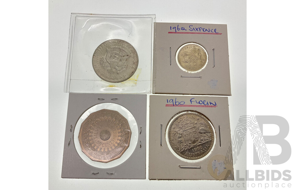Australian 1960 Silver Florin, 1962 Sixpence, 1977 Fifty Cents Jubilee, USA 1965 Silver Kennedy Half Dollar