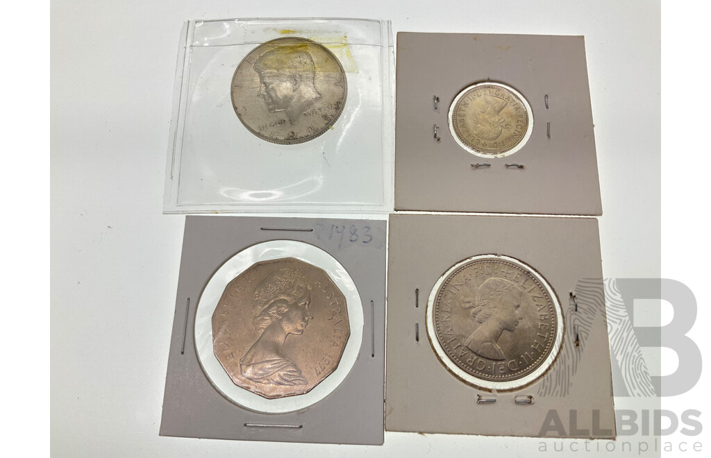 Australian 1960 Silver Florin, 1962 Sixpence, 1977 Fifty Cents Jubilee, USA 1965 Silver Kennedy Half Dollar