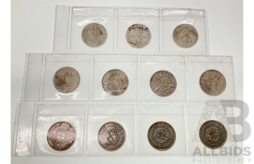 Collection of United Kingdom Silver Threepence Including 1914, 1918, 1919, 1931, 1934, 1935, 1936, 1939, 1940, 1941(2)