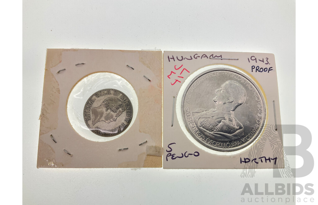 Prussia 1843 Silver Two and Half Groschen and Hungary 1943 Commemorative Five Pengos