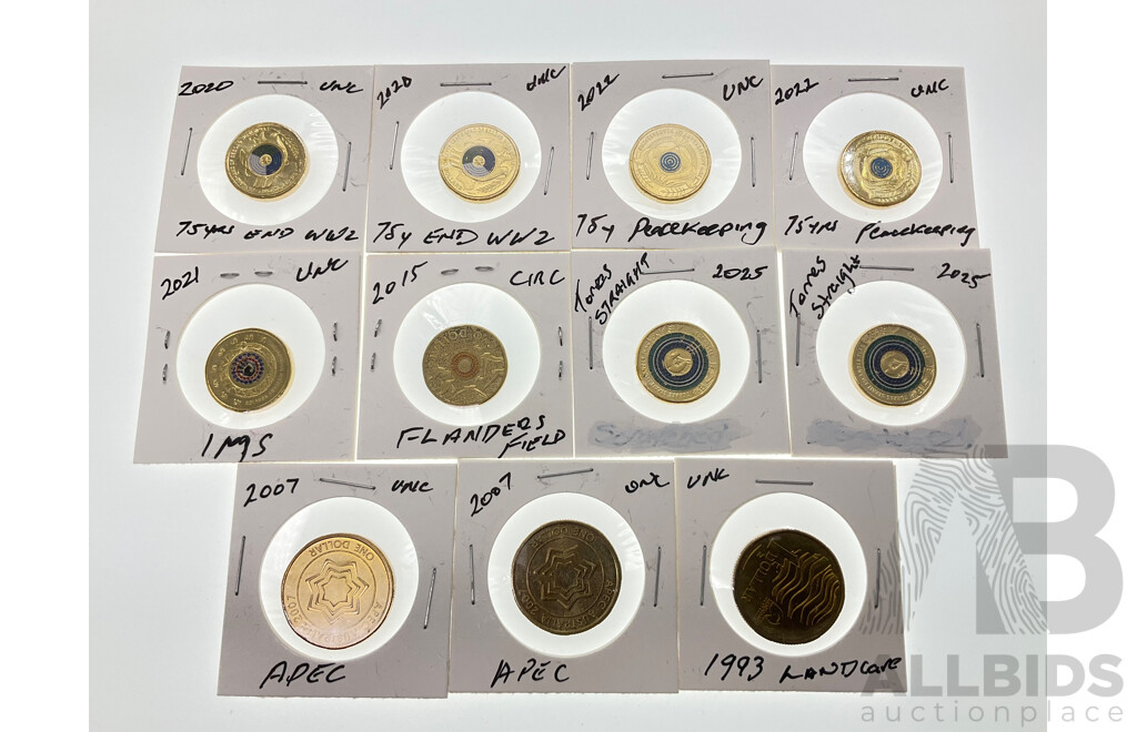 Collection of Australian Commemorative Coins Including Two Dollars 2025 Torres Straight(2) 2022 Peacekeeping(2) 2020 75th End WW2, 2021 Indigenous Military Service, 2015 Flanders Field.......