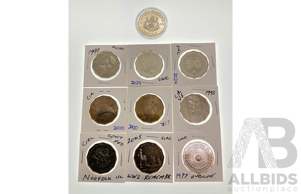 Collection of Australian Commemorative Fifty Cent Coins Including 2001 Federation(2), 2005 Remembrance, 2024 NAIDOC(2), 2000 Millennium(2) 1995 Dunlop, 1977 Jubilee