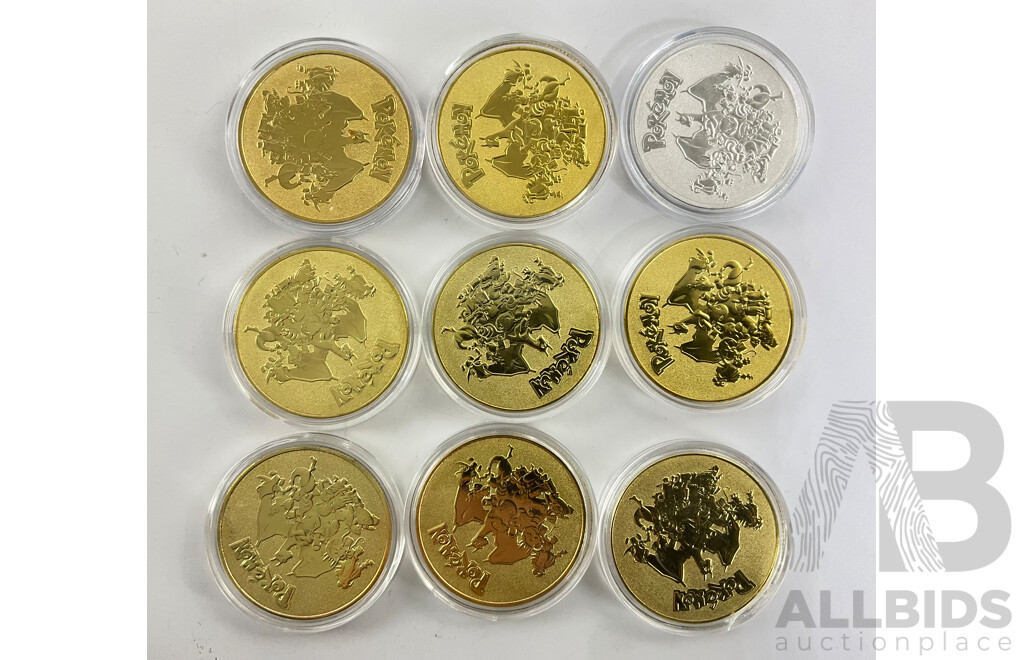 Nine Pokemon Coins Including Venusaur, Pikachu, Celebi, Blastoisegyrados, Mewtwo, Charizard, Entei, Gyrados