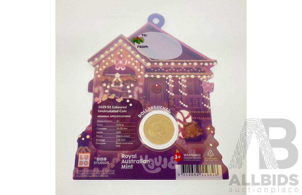 Australian RAM 2025 KCIII UNC Commemorative One Dollar Coin, Christmas Bluey Buck