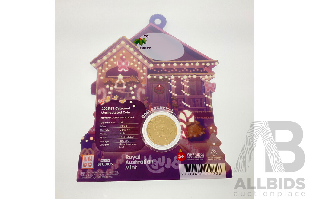 Australian RAM 2025 KCIII UNC Commemorative One Dollar Coin, Christmas Bluey Buck