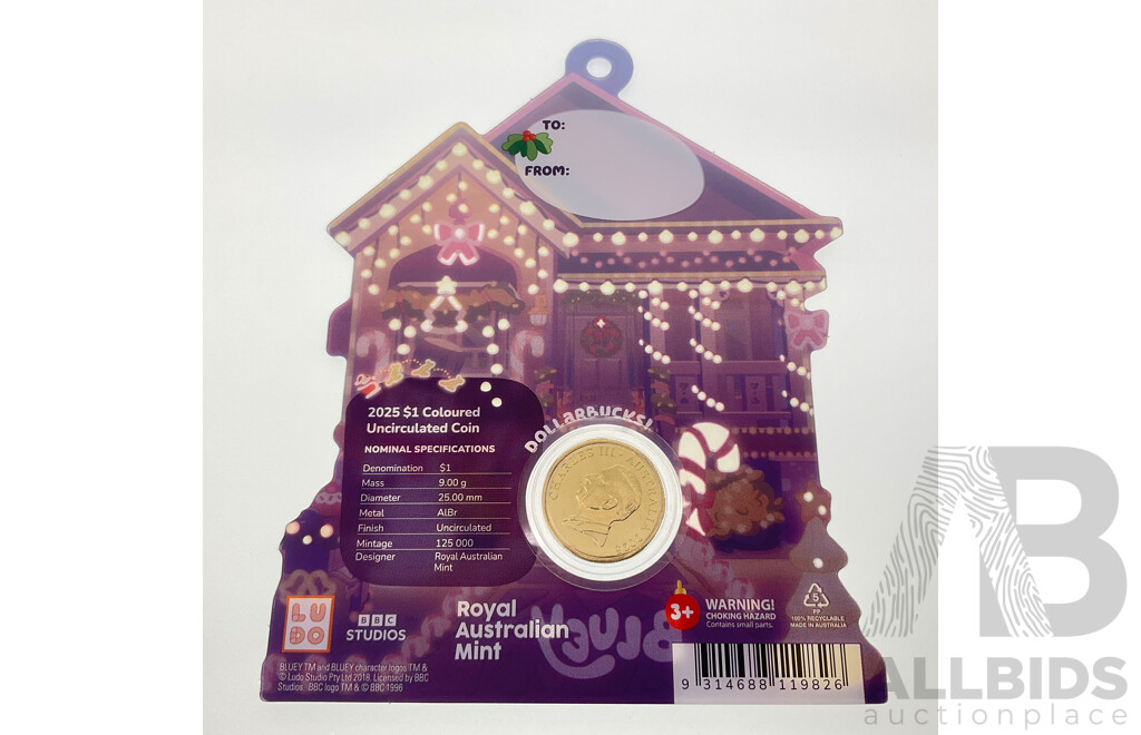 Australian RAM 2025 KCIII UNC Commemorative One Dollar Coin, Christmas Bluey Buck