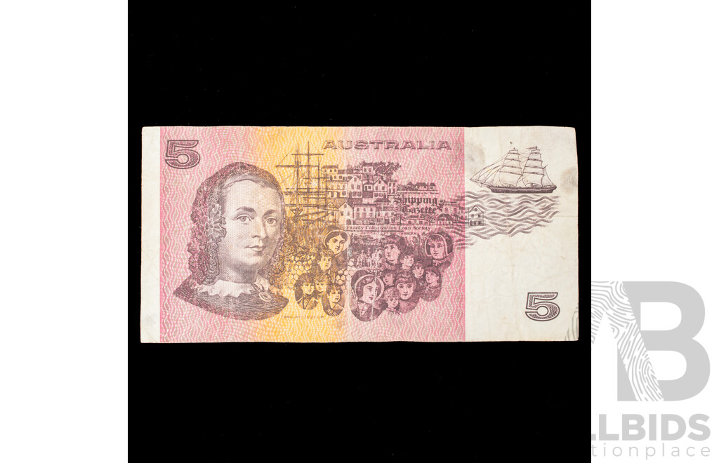 Australian 1990 Five Dollar Note, Fraser/Higgins R212L Last Prefix QJR 867004