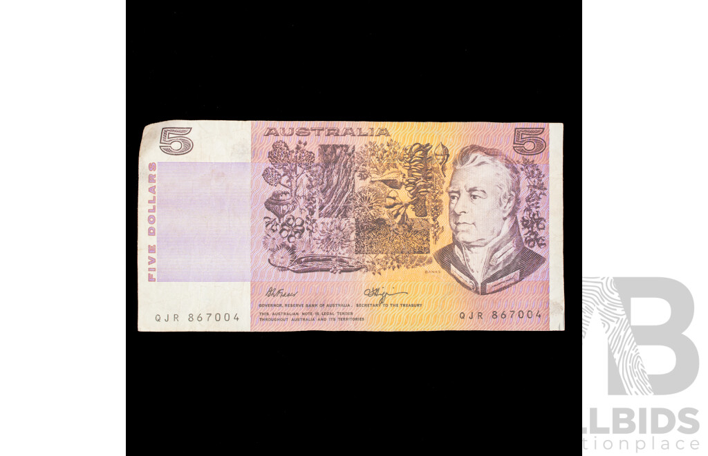 Australian 1990 Five Dollar Note, Fraser/Higgins R212L Last Prefix QJR 867004