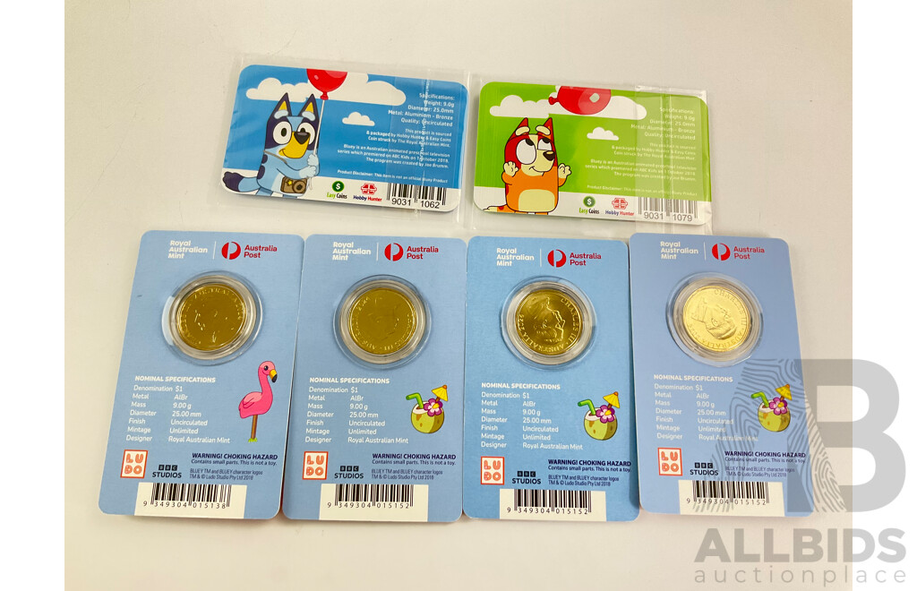 Six Australian 2024 KCIII UNC One Dollar Coins, Bluey Bucks Including Four Privy Mark, Rad and Frisky, Bluey and Bingo