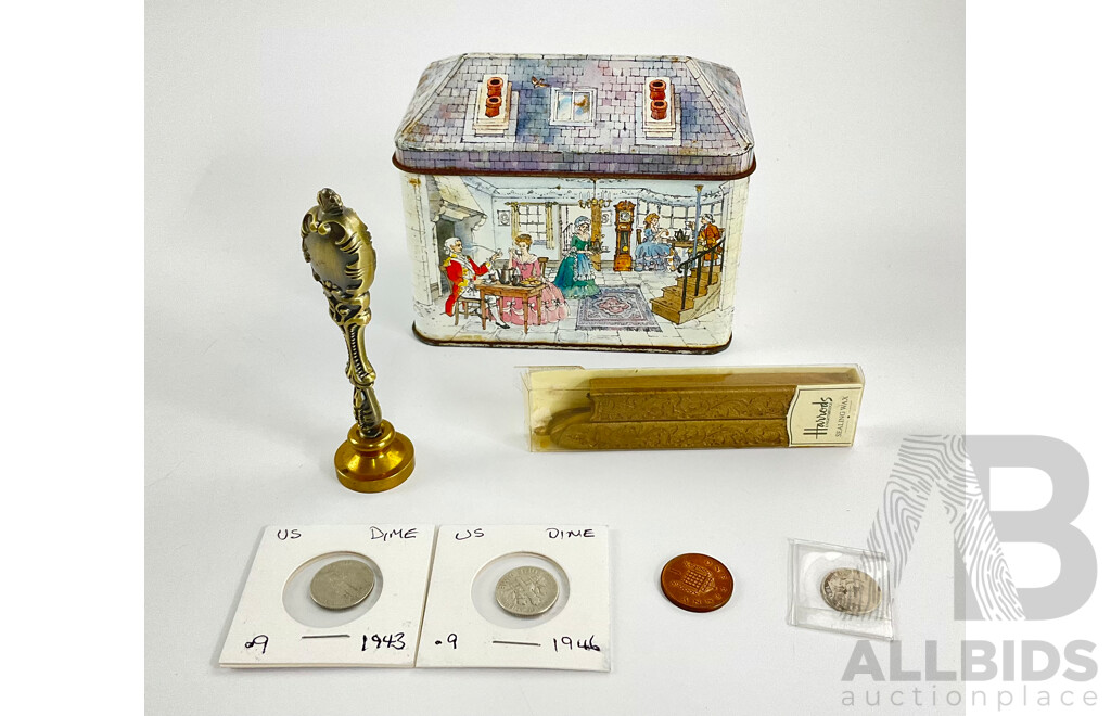 Vintage Silver Coins Including UK 1840 Four Pence, USA 1943 and 1946 Dimes with Harrods Letter ‘L’ Seal and Wax, Regency Tea Rooms Tin