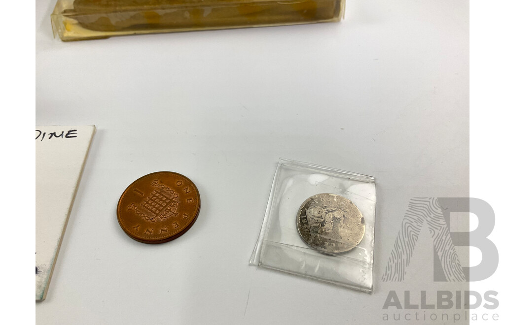 Vintage Silver Coins Including UK 1840 Four Pence, USA 1943 and 1946 Dimes with Harrods Letter ‘L’ Seal and Wax, Regency Tea Rooms Tin