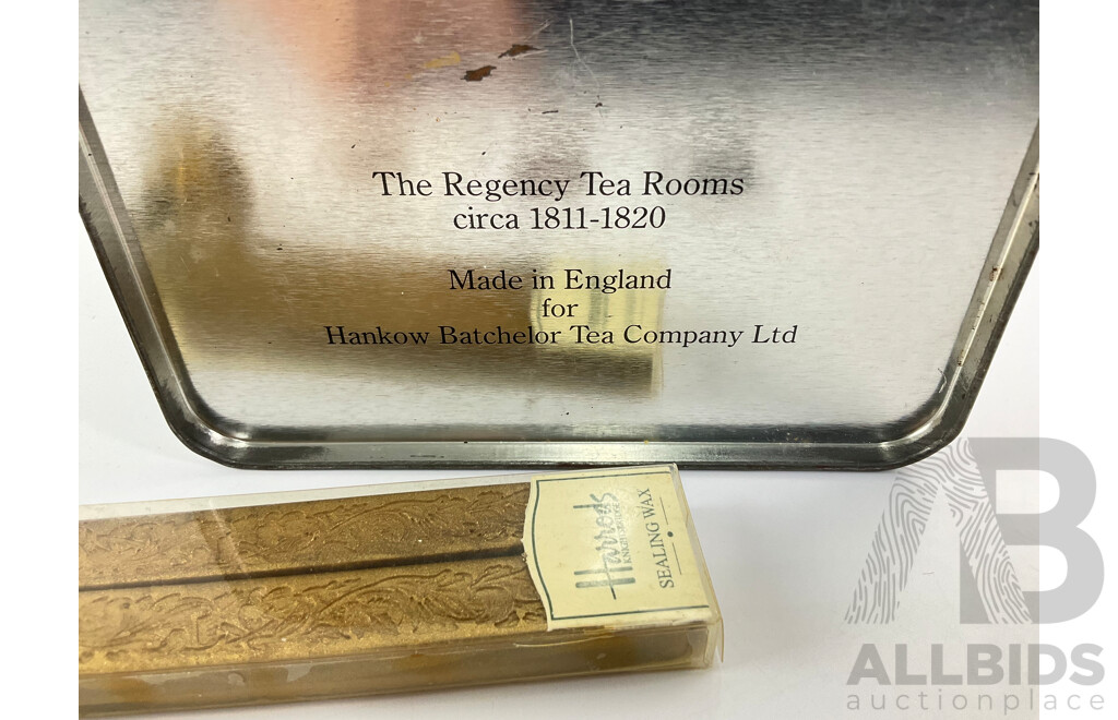 Vintage Silver Coins Including UK 1840 Four Pence, USA 1943 and 1946 Dimes with Harrods Letter ‘L’ Seal and Wax, Regency Tea Rooms Tin