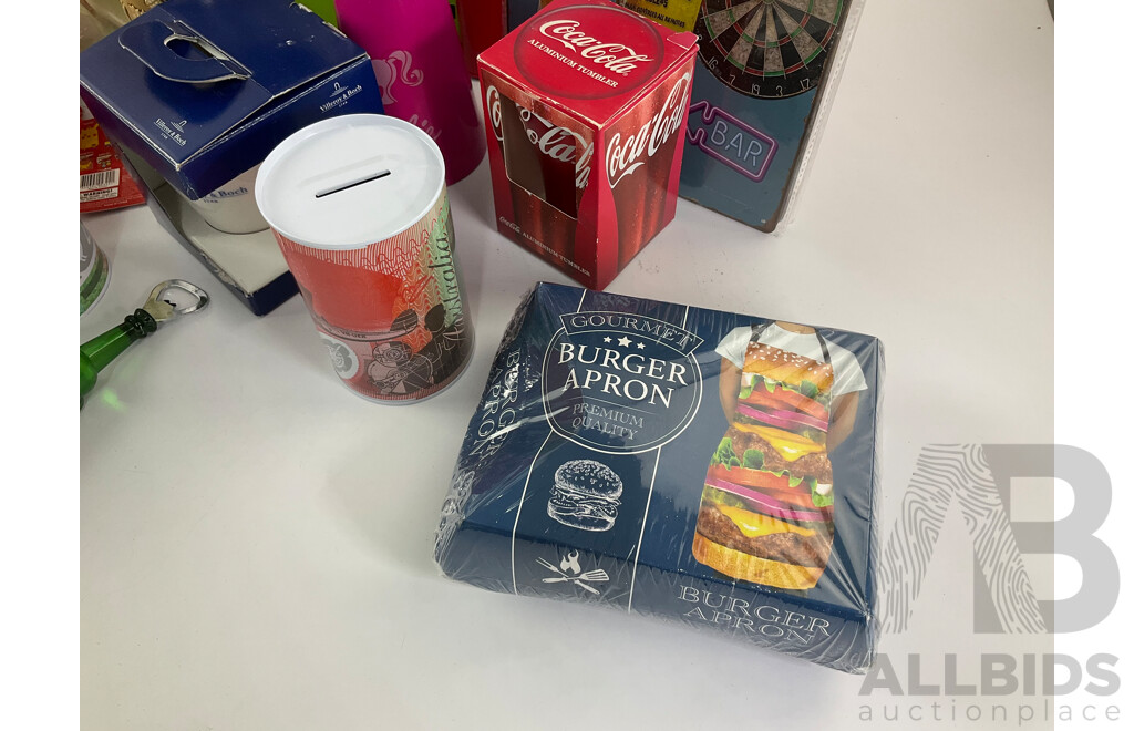 Collection of Collectables Villeroy & Boch, Tin Signs and Rooster, Money Tins, Pop Bags, Barbie Sparkle Lamp