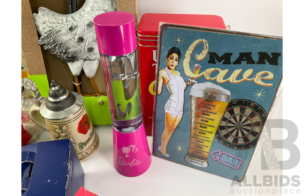 Collection of Collectables Villeroy & Boch, Tin Signs and Rooster, Money Tins, Pop Bags, Barbie Sparkle Lamp