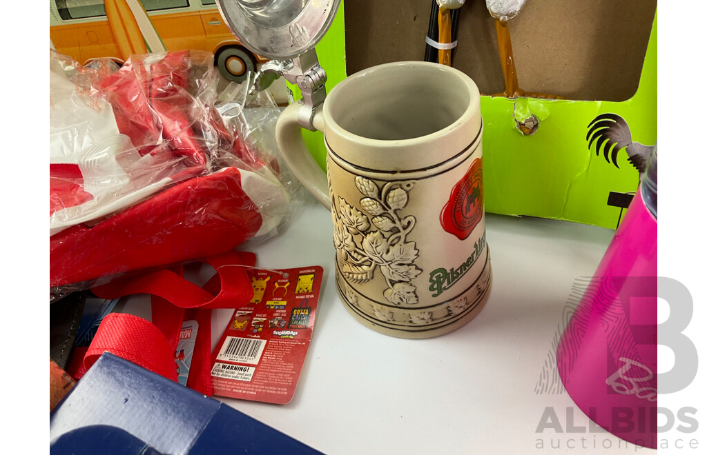 Collection of Collectables Villeroy & Boch, Tin Signs and Rooster, Money Tins, Pop Bags, Barbie Sparkle Lamp