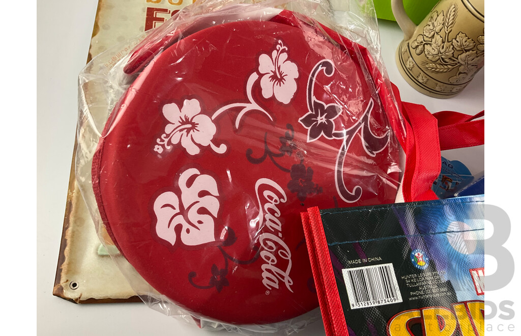 Collection of Collectables Villeroy & Boch, Tin Signs and Rooster, Money Tins, Pop Bags, Barbie Sparkle Lamp