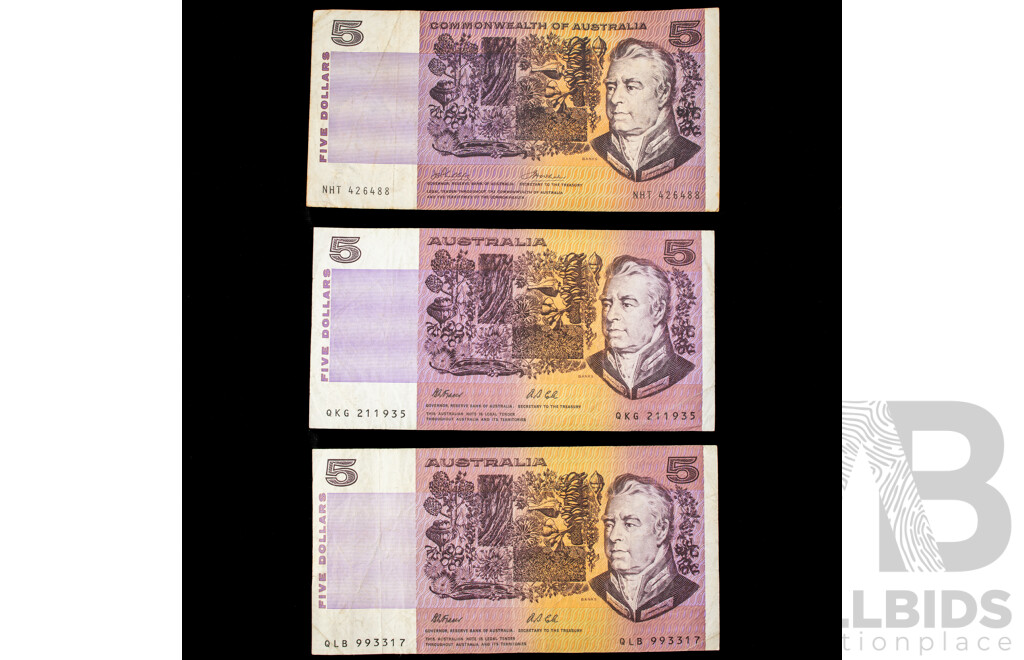Three Australian Five Dollar Notes 1974 Phillips/Wheeler NHT R205, 1991 Fraser/Cole R213 QKG, QLB