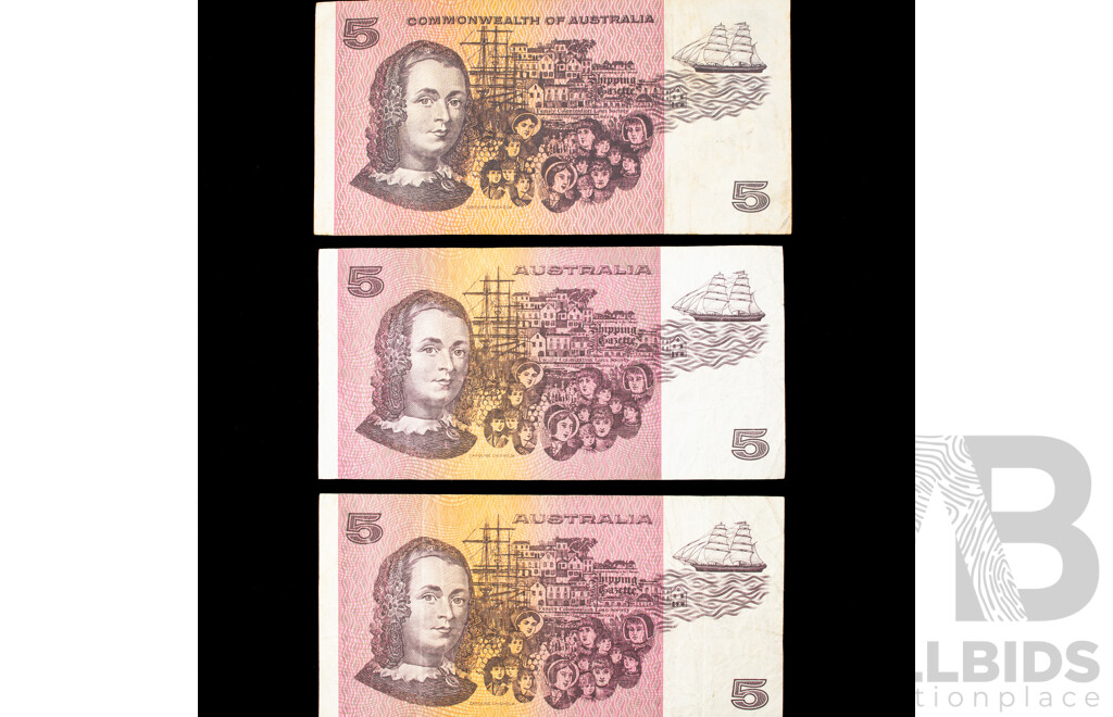 Three Australian Five Dollar Notes 1974 Phillips/Wheeler NHT R205, 1991 Fraser/Cole R213 QKG, QLB
