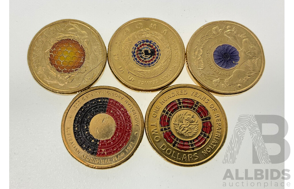 Five Australian Commemorative Two Dollar Coins Including 2019 One Hundred Years Repatriation, 2021 Aboriginal Flag, 2021 Indigenous Military Service 2022 Honey Bee, 2024 Animal Remembrance