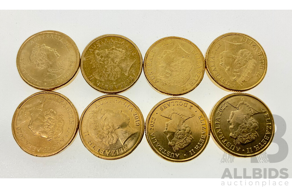 Eight Australian Commemorative Two Dollar Coins Including 2021 Indigenous Military Service, 2022 Front Line Workers, 2020 75 Years End of WW2, 2022 75 Years Peace Keeping, 2018 Armistice......