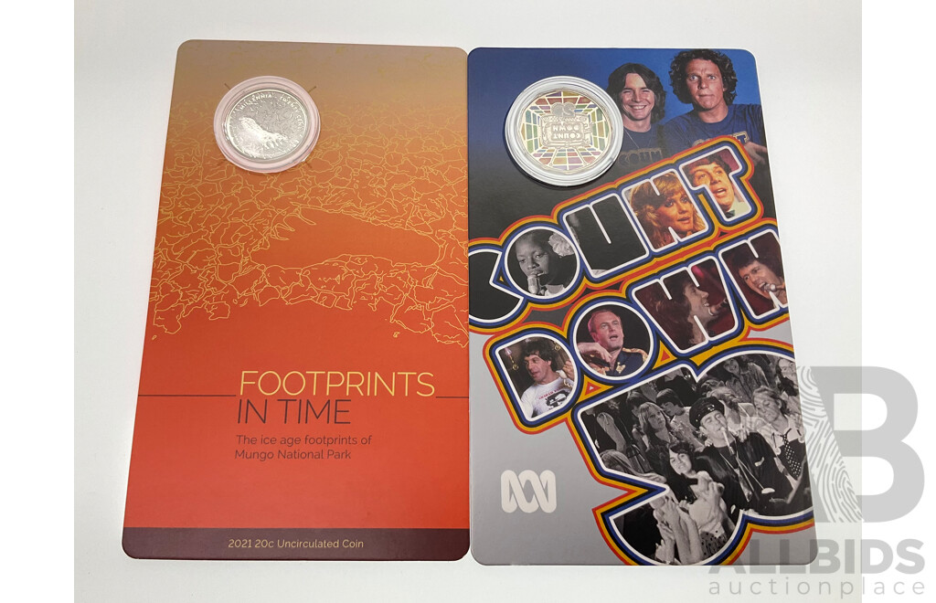 Australian RAM 2024 Coloured Fifty Cents, Count Down Fifty Years and 2021 Twenty Cents, Footprints in Time