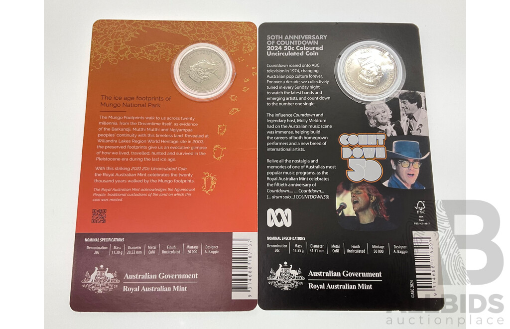 Australian RAM 2024 Coloured Fifty Cents, Count Down Fifty Years and 2021 Twenty Cents, Footprints in Time