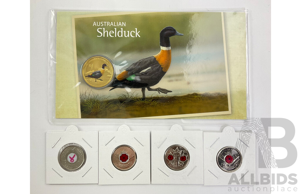 Tuvalu Perth Mint 2013 Australian Shelduck PNC with Three Canadian Coloured Red Poppy Twenty Five Cents, 2006 Pink Ribbon