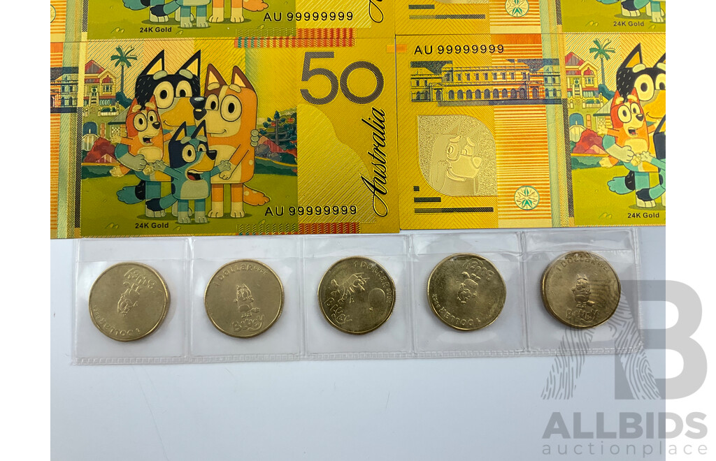 Five Australian 2024 One Dollar Bluey Bucks with Five Novelty Bluey Fifty Dollar Notes