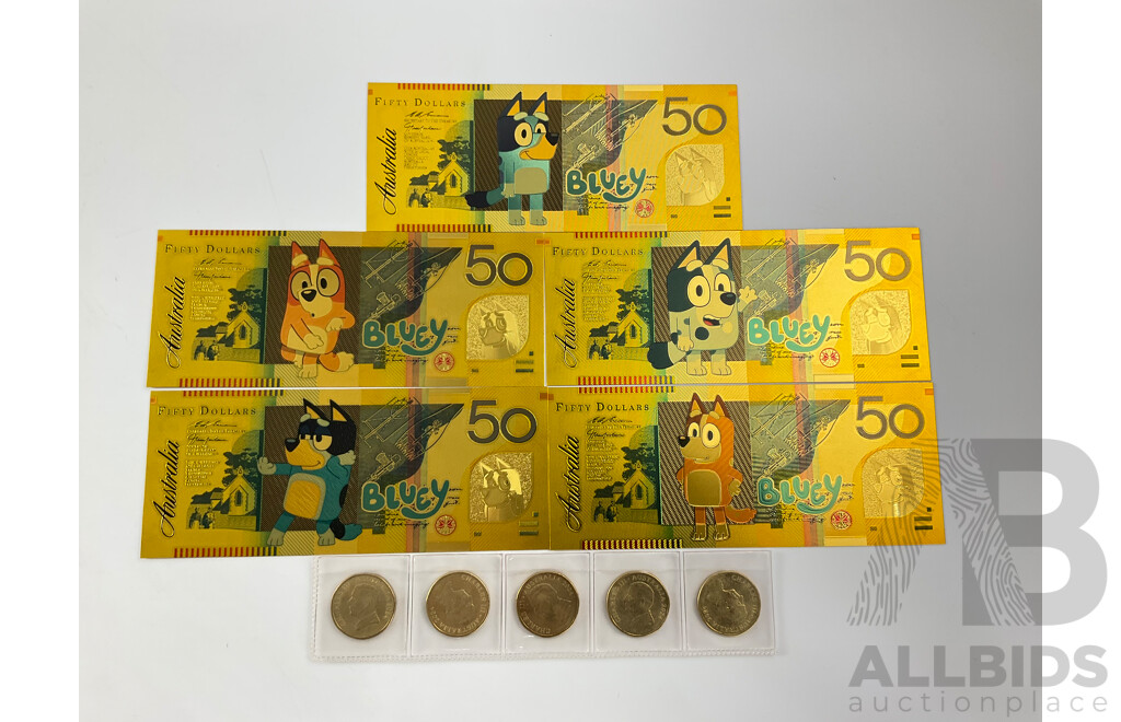 Five Australian 2024 One Dollar Bluey Bucks with Five Novelty Bluey Fifty Dollar Notes