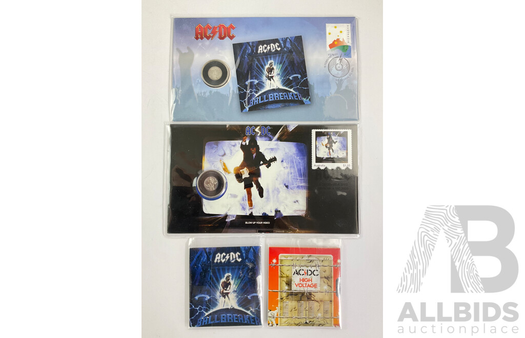 Australian AC/DC Twenty Cent PNCs, 2022 Blow Up Your Video, 2020 Ball Breaker with High Voltage and Ball Breaker UNC Twenty Cent Coins