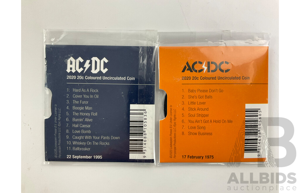 Australian AC/DC Twenty Cent PNCs, 2022 Blow Up Your Video, 2020 Ball Breaker with High Voltage and Ball Breaker UNC Twenty Cent Coins