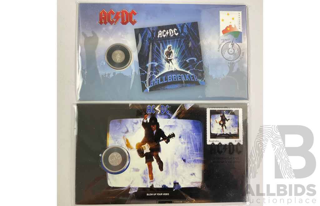 Australian AC/DC Twenty Cent PNCs, 2022 Blow Up Your Video, 2020 Ball Breaker with High Voltage and Ball Breaker UNC Twenty Cent Coins