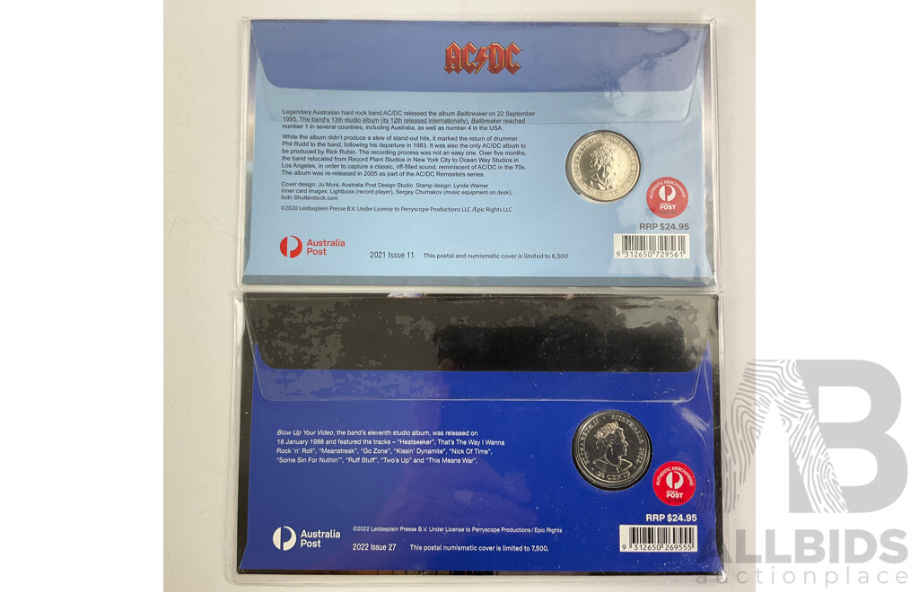 Australian AC/DC Twenty Cent PNCs, 2022 Blow Up Your Video, 2020 Ball Breaker with High Voltage and Ball Breaker UNC Twenty Cent Coins