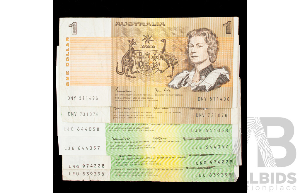 Four Australian Two Dollar Dollar Notes 1985 Johnston/Fraser R89, Two One Dollar 1982 Johnston/Stone R78