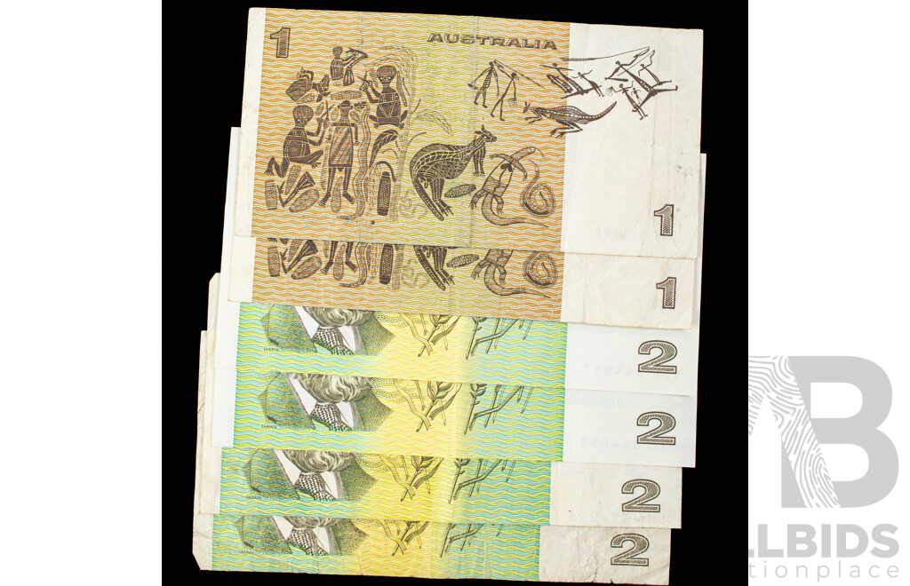 Four Australian Two Dollar Dollar Notes 1985 Johnston/Fraser R89, Two One Dollar 1982 Johnston/Stone R78