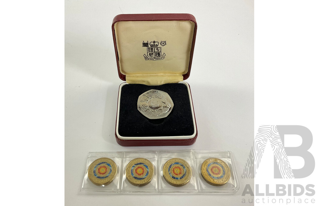 Four Australian 2018 Two Dollar Coins, Lest We Forget and United Kingdom Royal Mint 1973 Commemorative Fifty Pence