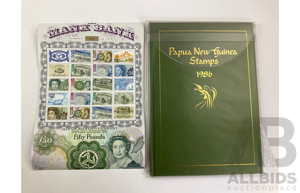 Papua New Guinea 1986 Annual Stamp Album with Manx Bank Isle of Man Limited Edition Stamp Sheet