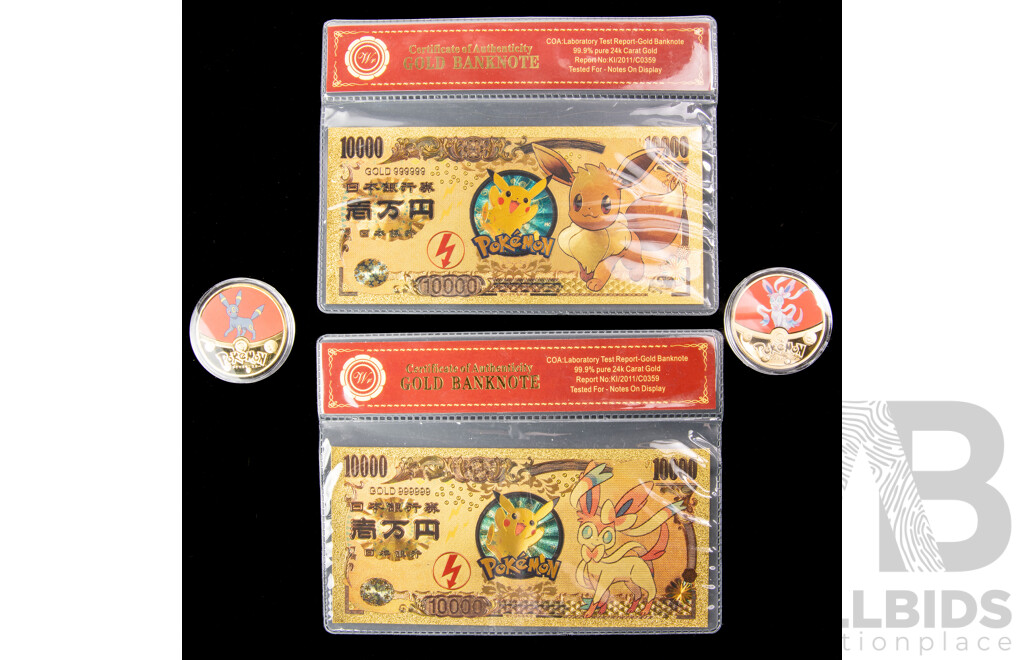Pokemon Gold Tone Coins and Bank Notes