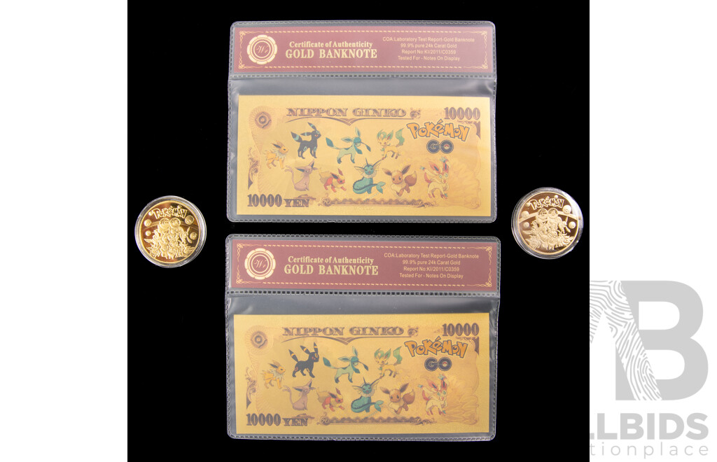 Pokemon Gold Tone Coins and Bank Notes