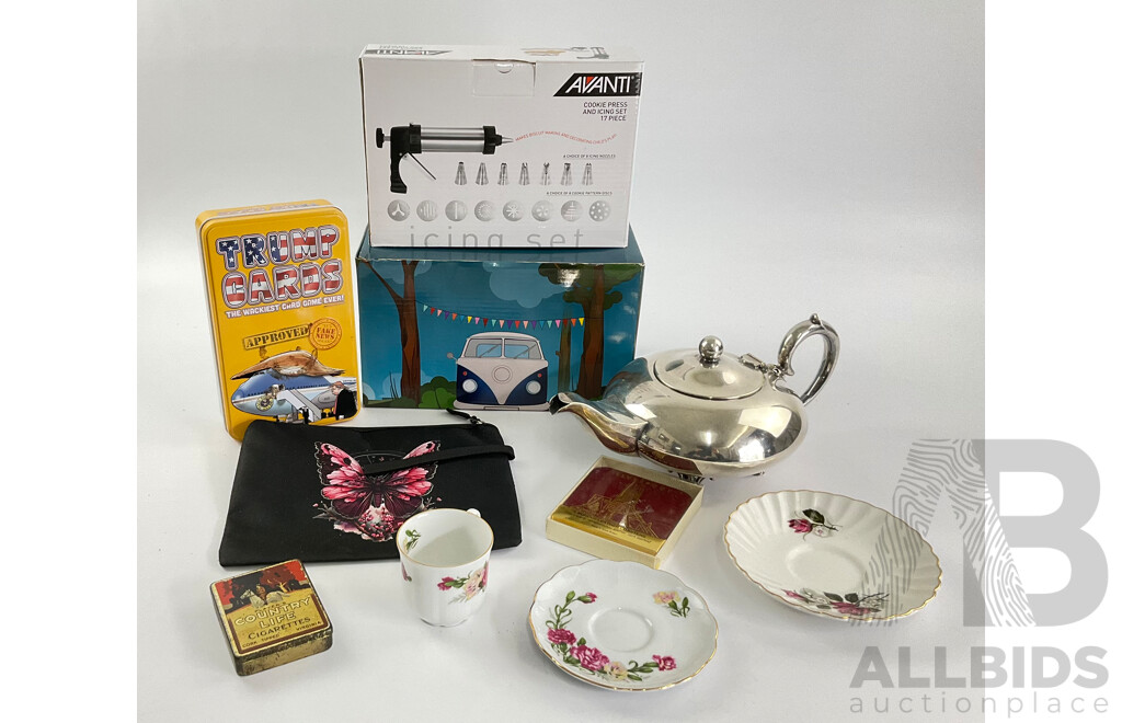 Boxed Trump Card Game, Boxed Avanti Cookie Press, Boxed VW Camper Van Tea Pot, Imperial Silver Plate Tea Pot, Vintage Country Life Cigarettes Tin, Seltmann Germany Tea Cup and Saucer, Leather Liverpool Coasters
