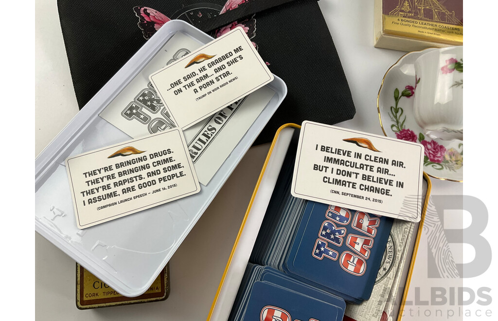 Boxed Trump Card Game, Boxed Avanti Cookie Press, Boxed VW Camper Van Tea Pot, Imperial Silver Plate Tea Pot, Vintage Country Life Cigarettes Tin, Seltmann Germany Tea Cup and Saucer, Leather Liverpool Coasters