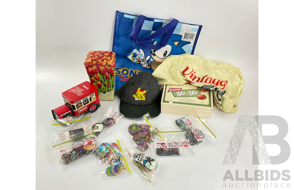 Collection of Vintage Tazos Including Looney Tunes, Space Jam, the Simpsons with Learn Yo Yo Kit, Pokemon Hat, Sonic the Hedge Hog Bag, Tiny Teddy and Flower Tins, Vintage Riders Shorts